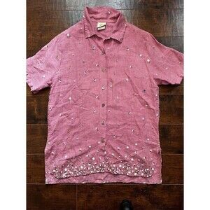 Vintage Tom Tom California Linen Floral Print Pink Boho Button Down Sz S